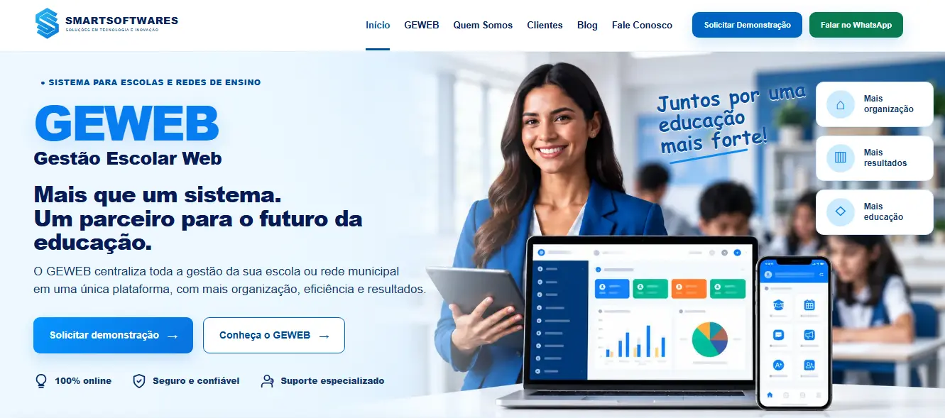 Página inicial do GEWEB com chamadas para solicitar demonstração