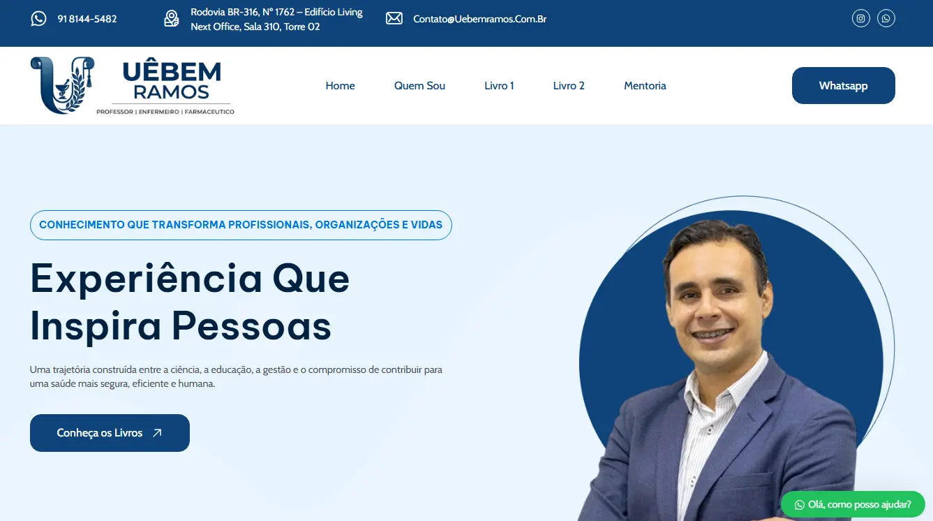 Página inicial do site de Uebem Ramos com apresentação profissional e acesso aos livros