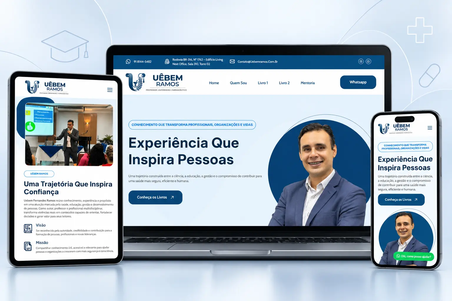 Site de Uebem Ramos apresentado em notebook, tablet e celular