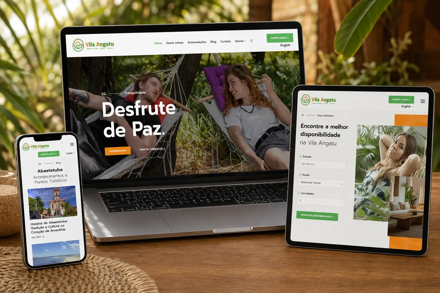 Site da Vila Angatu apresentado em diferentes telas com hospedagem, reserva e atrações de Abaetetuba